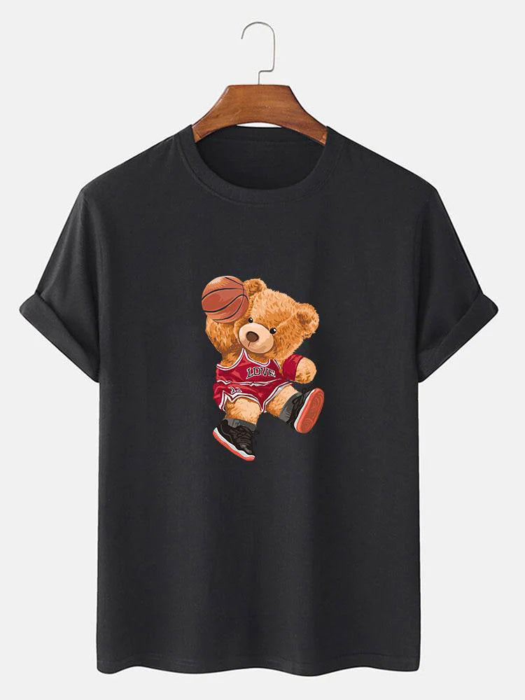 Bear Playing Basketball Print T-Shirt-Vacay Outfit