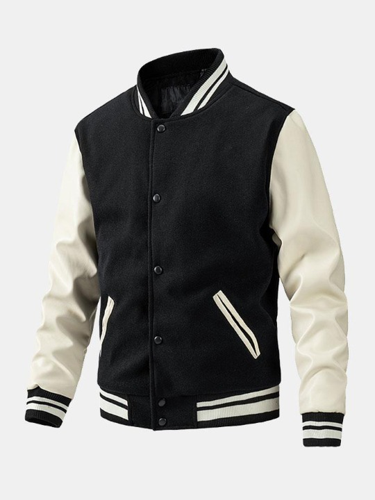 Contrast Wool Look Baseball Jacket-Vacay Outfit