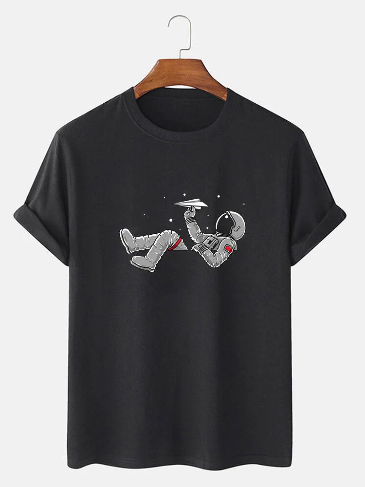 Astronaut Throwing A Paper Airplane Print T-Shirt-Vacay Outfit