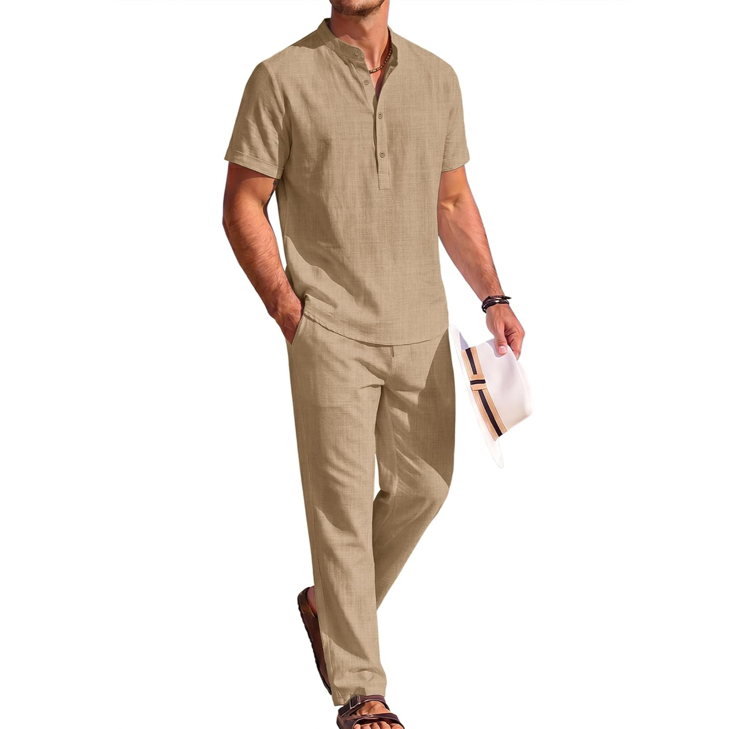 2 Pieces Casual Short Sleeve Henley Shirt And Pant Outfits Set For Men