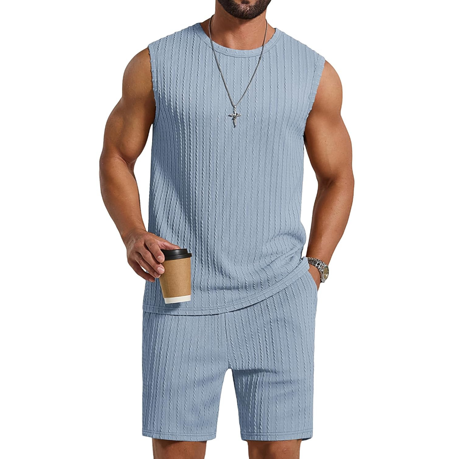 2 Pieces Knit Jacquard Sleeveless Shirt and Short Sets Set For Men