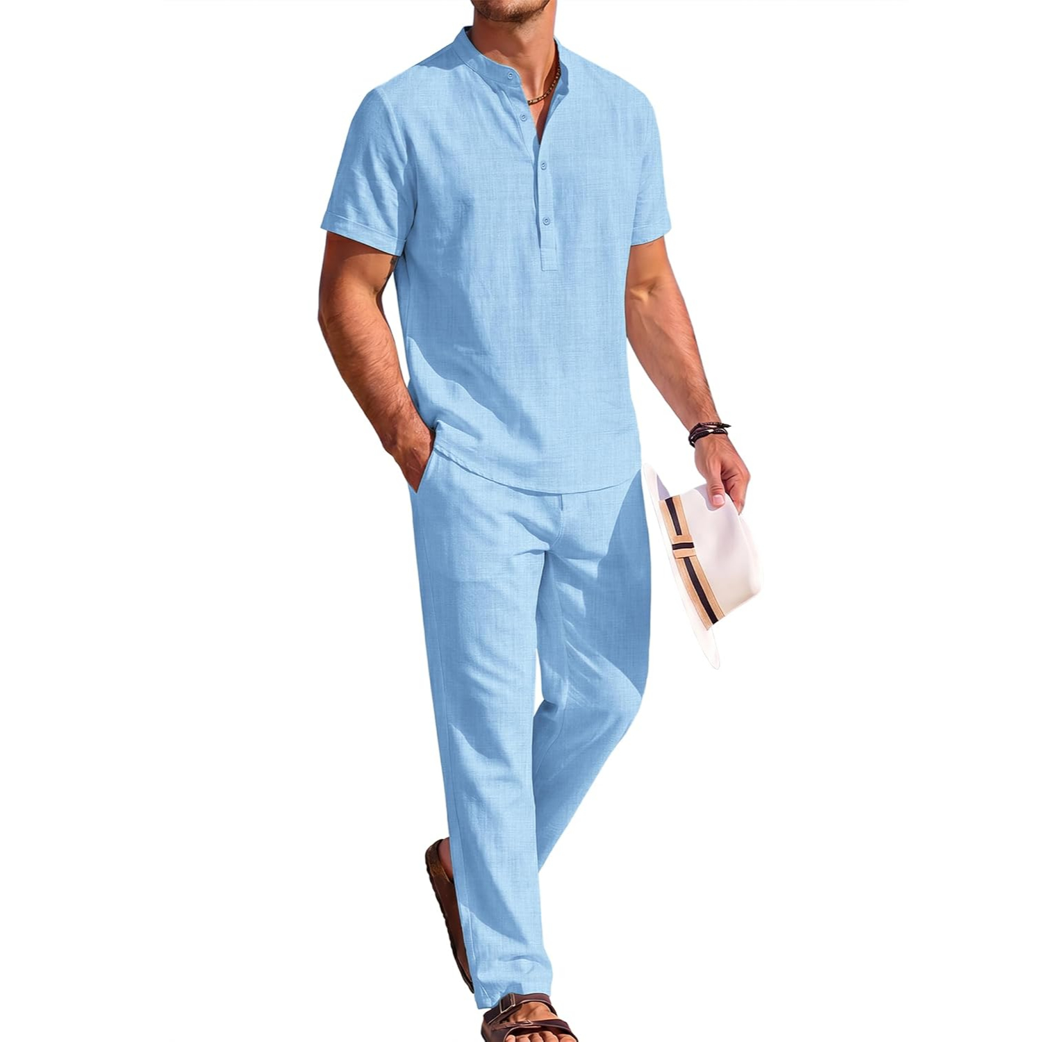 2 Pieces Casual Short Sleeve Henley Shirt And Pant Outfits Set For Men