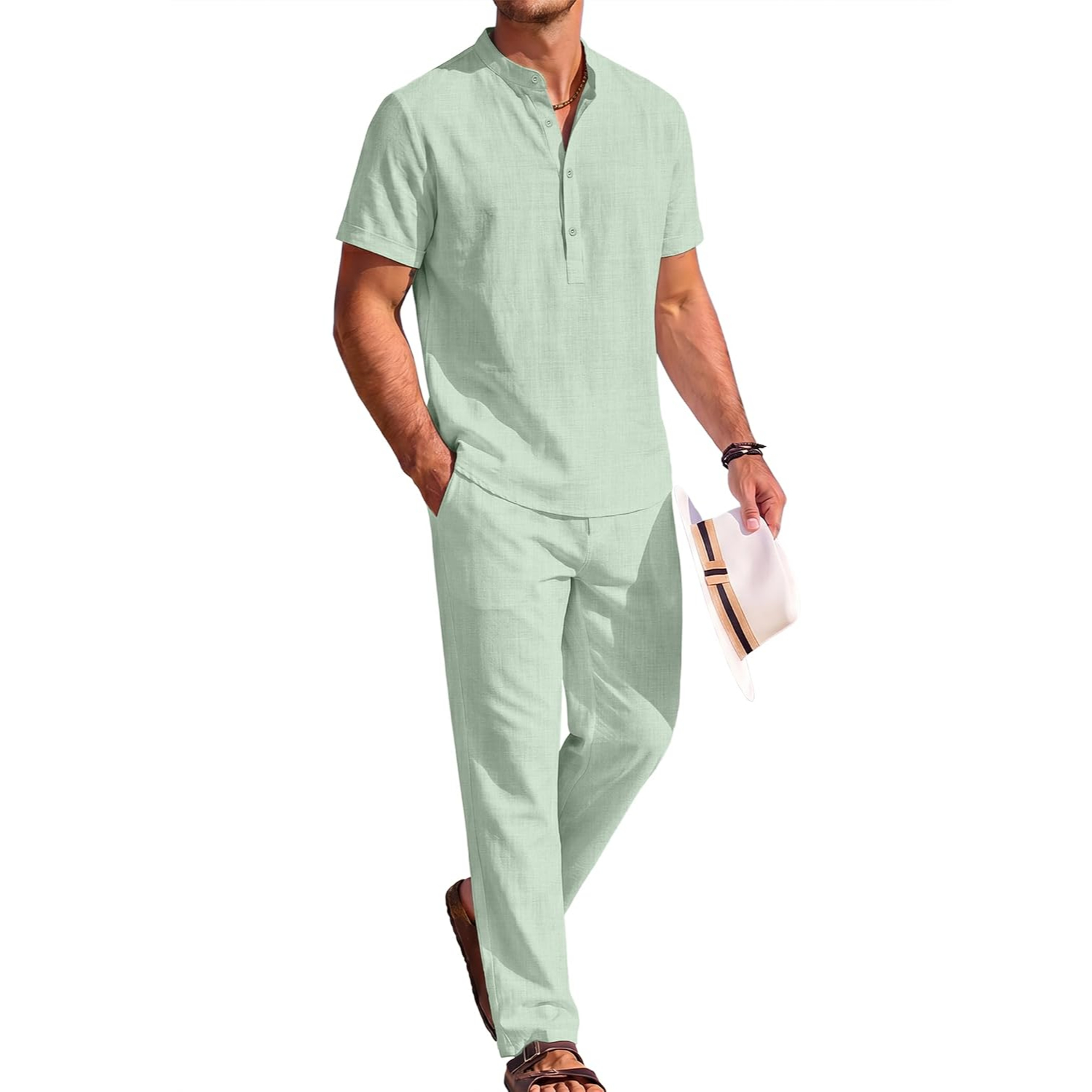2 Pieces Casual Short Sleeve Henley Shirt And Pant Outfits Set For Men