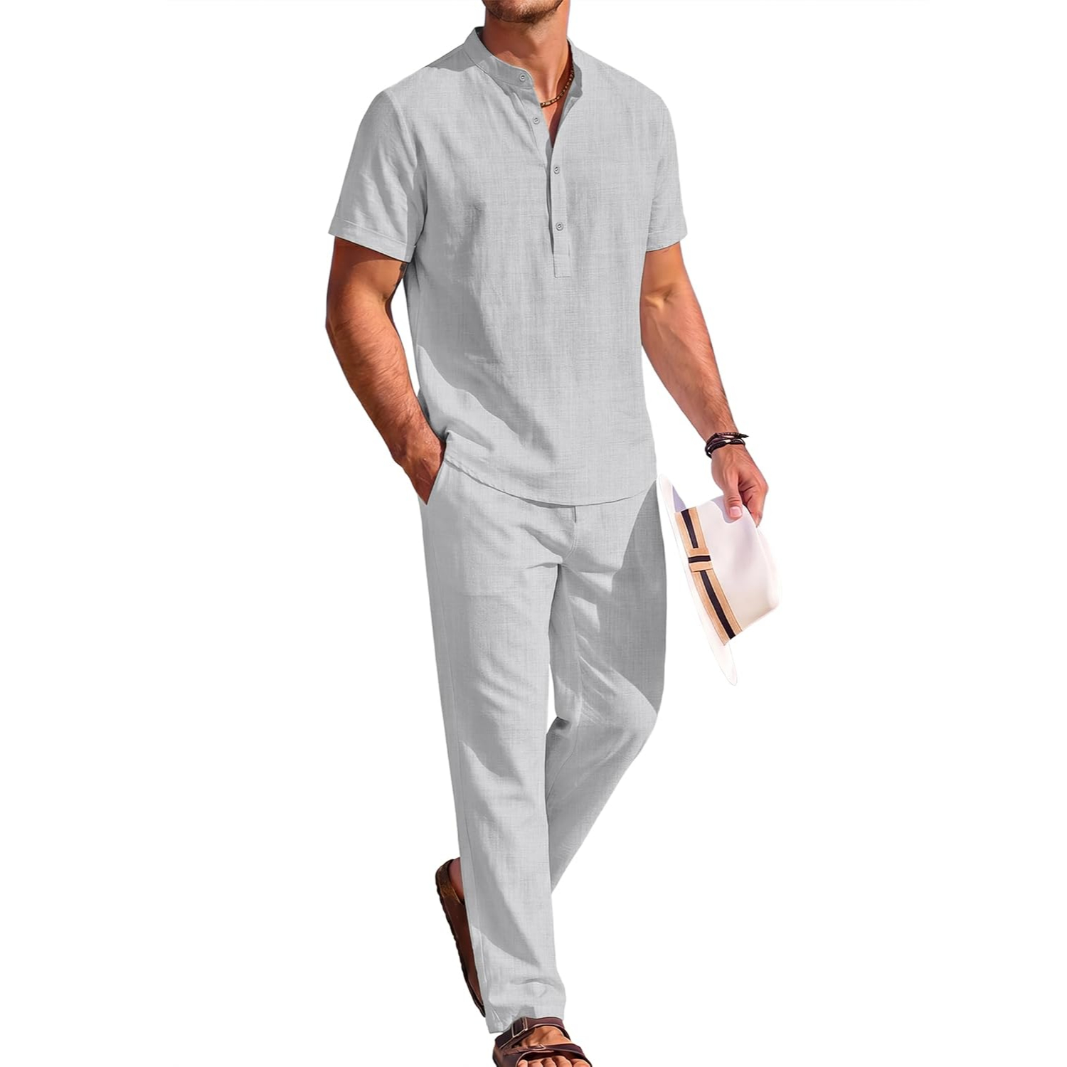2 Pieces Casual Short Sleeve Henley Shirt And Pant Outfits Set For Men