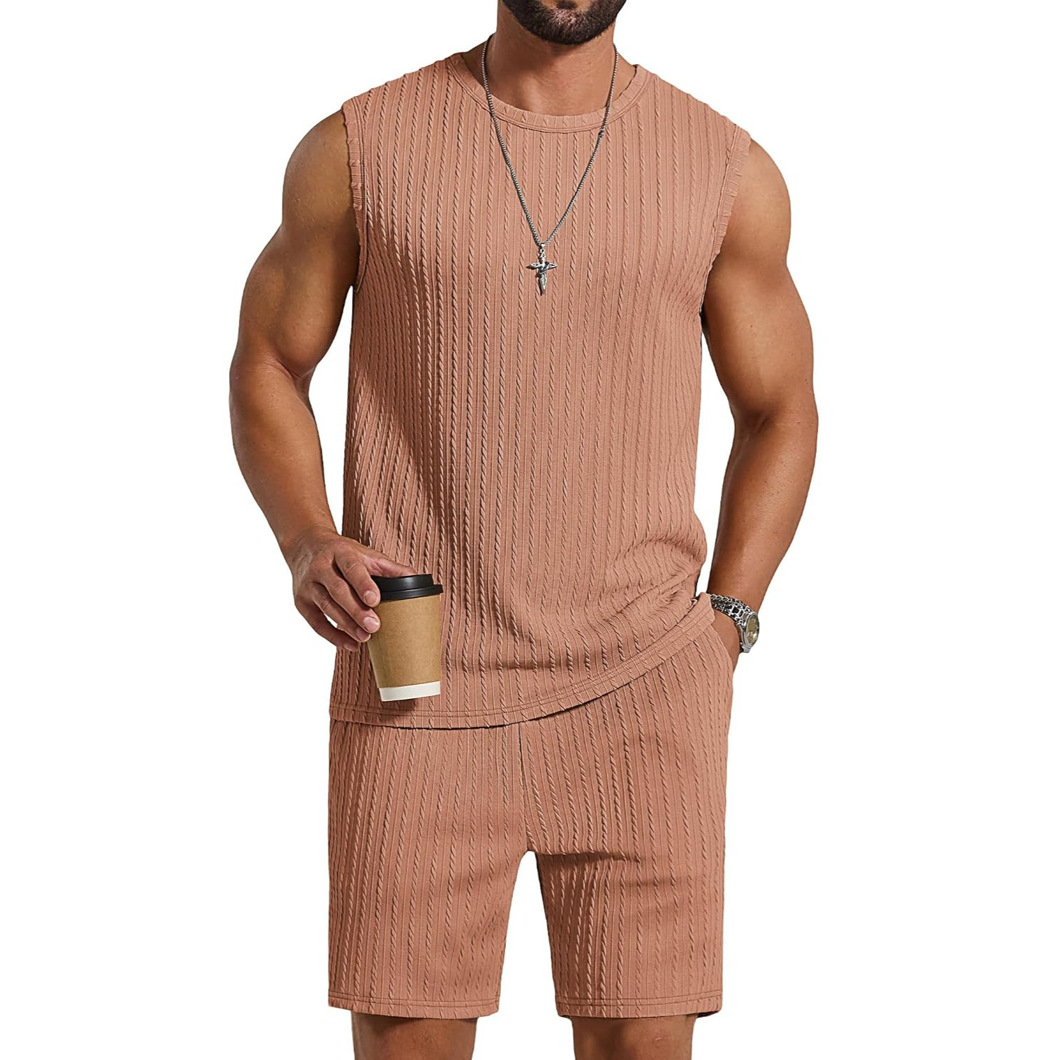 2 Pieces Knit Jacquard Sleeveless Shirt and Short Sets Set For Men