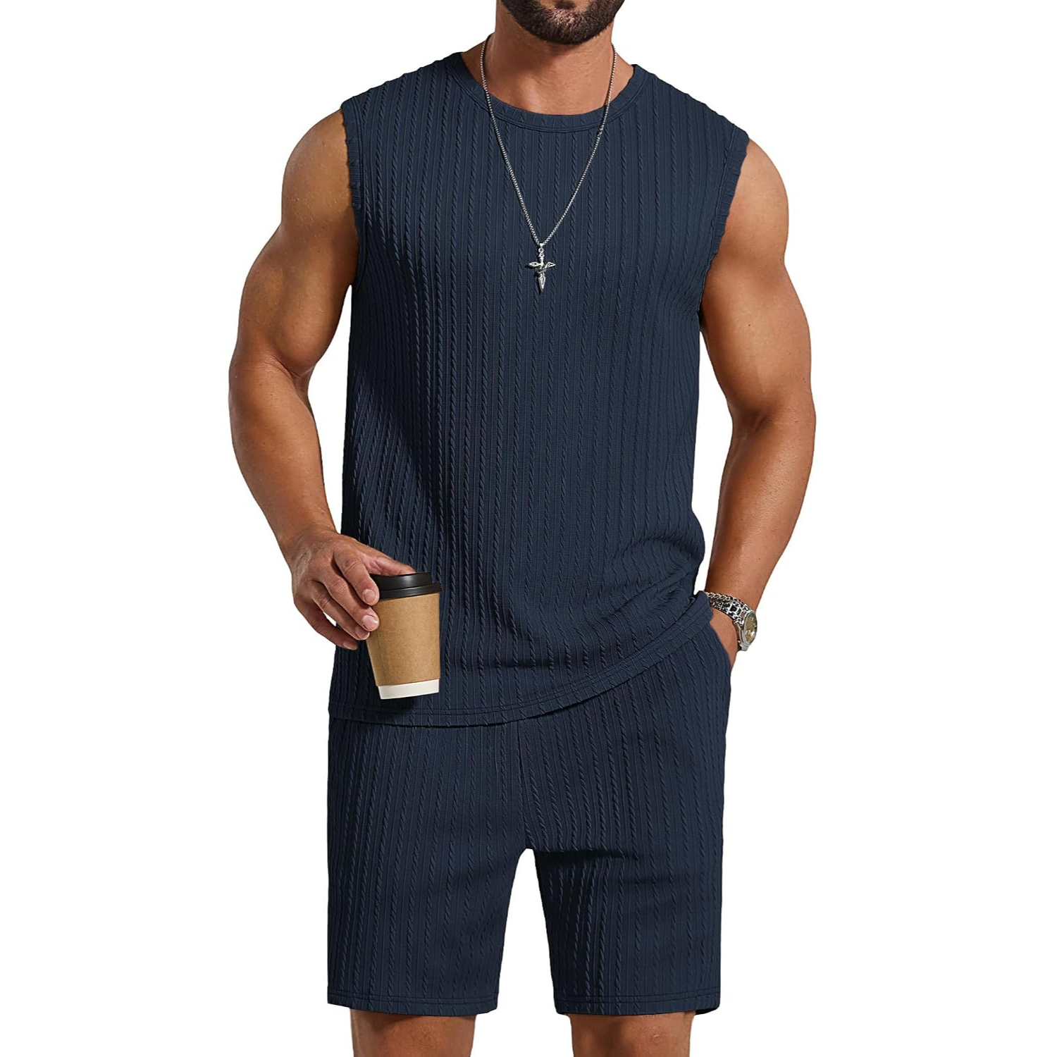 2 Pieces Knit Jacquard Sleeveless Shirt and Short Sets Set For Men