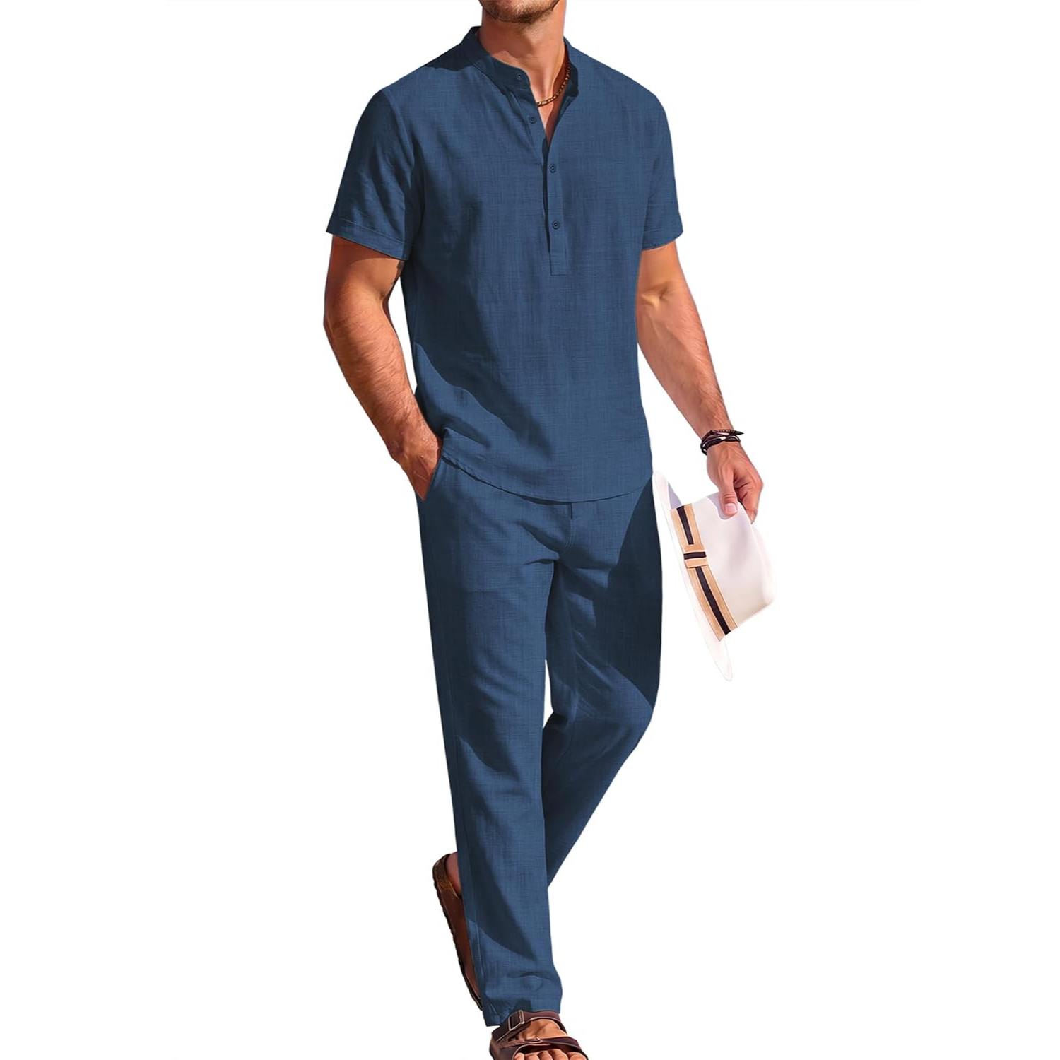 2 Pieces Casual Short Sleeve Henley Shirt And Pant Outfits Set For Men