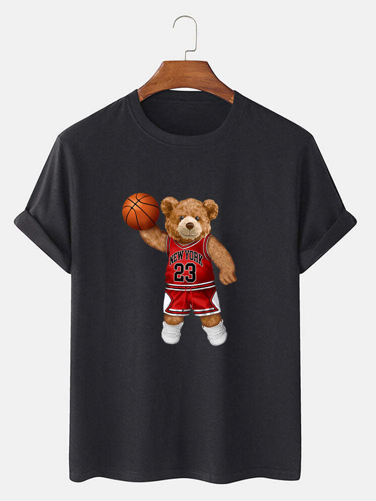Bear Playing Basketball Print T-Shirt-Vacay Outfit