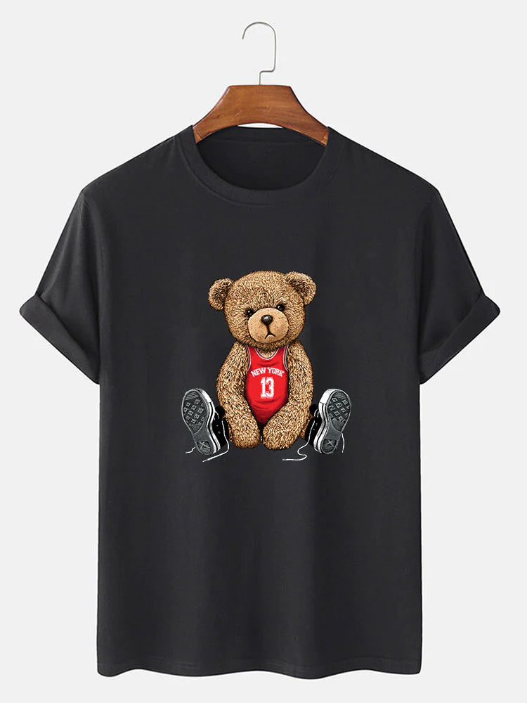 Bear With Long Shoe Laces Print T-Shirt-Vacay Outfit