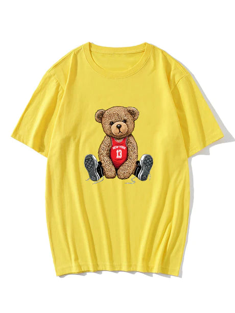 Bear With Long Shoe Laces Print T-Shirt-Vacay Outfit