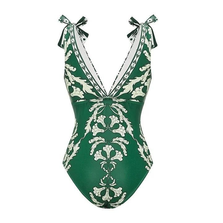  Women's V-neck Green Print One Piece Swimsuit and Matching Cover Skirt Set