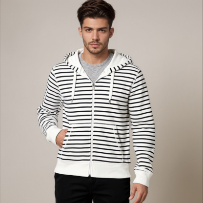Striped Fleece Full Zip Hoodie For Men