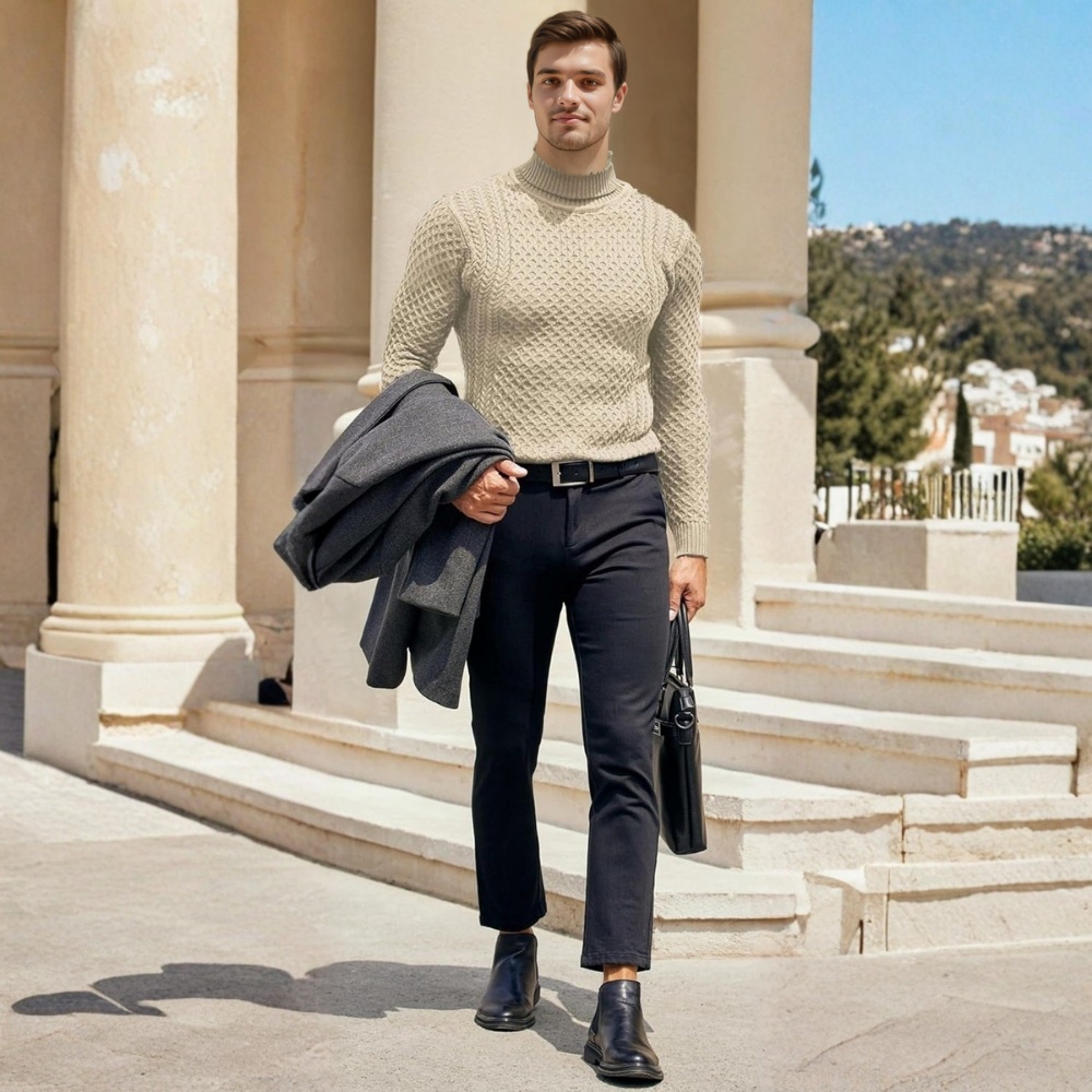 Men's Slim Fit Turtleneck Sweater Casual Knitted Twisted Pullover Solid Sweaters