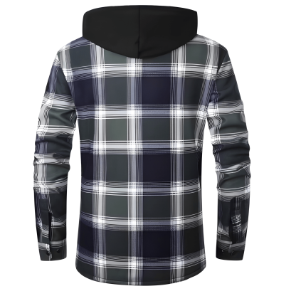 Thermal Lined Fleece Jacket With Hood And Plaid Design For Men