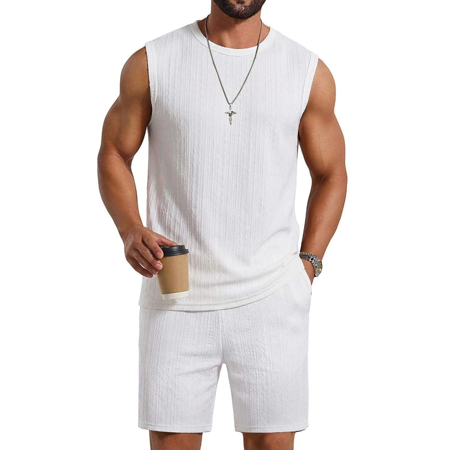 2 Pieces Knit Jacquard Sleeveless Shirt and Short Sets Set For Men