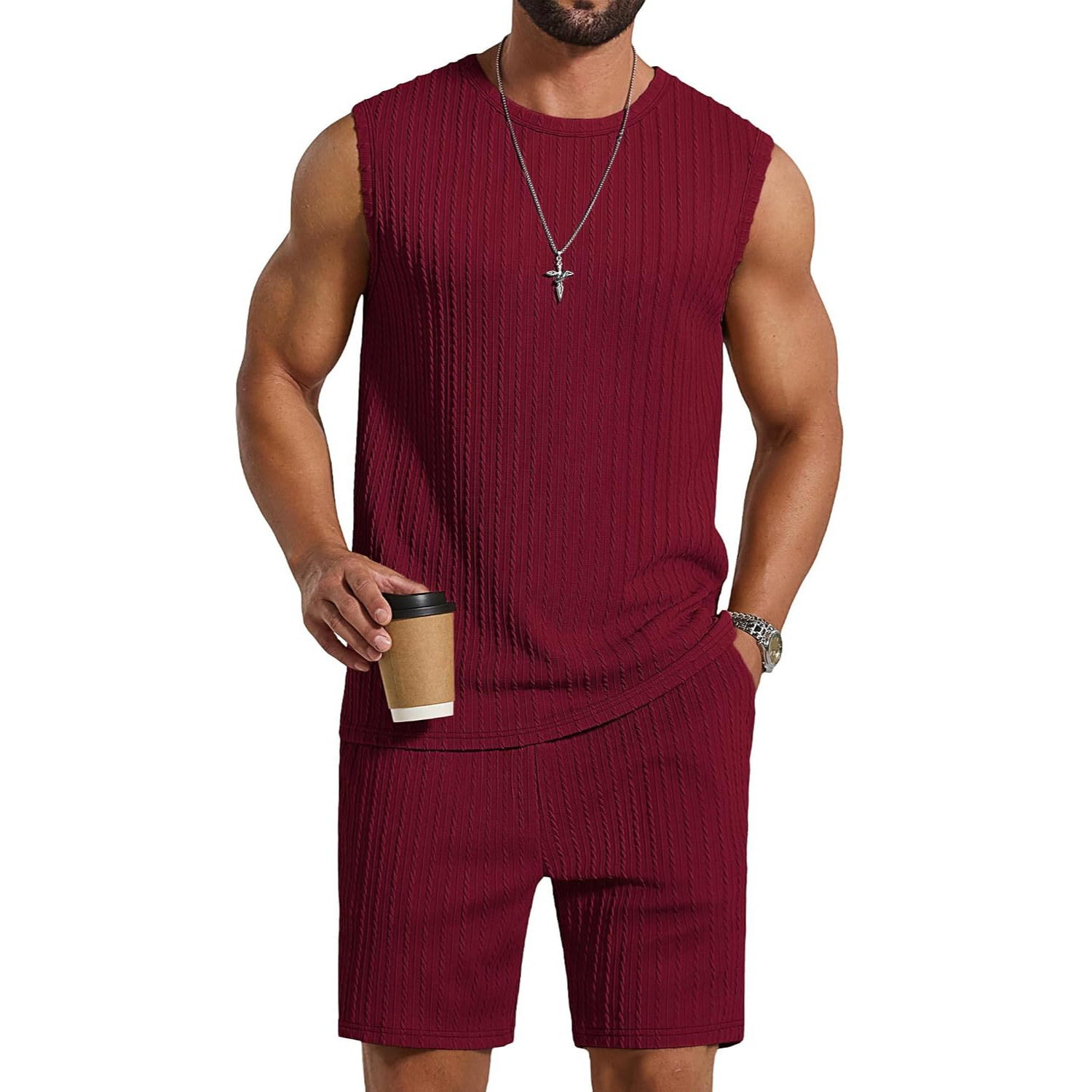 2 Pieces Knit Jacquard Sleeveless Shirt and Short Sets Set For Men