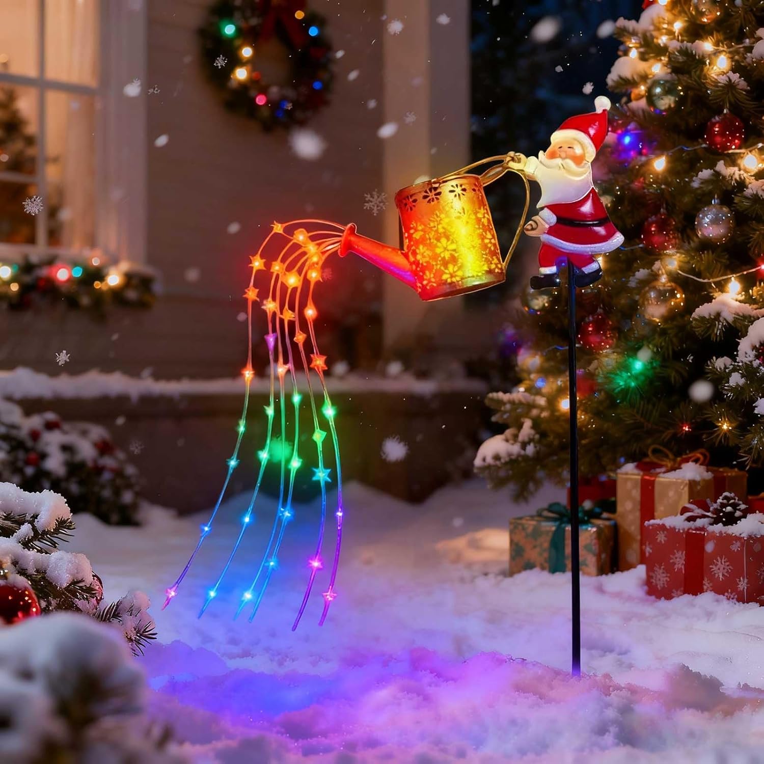 Solar Santa Watering Can Garden Light For Christmas Yard Pathways