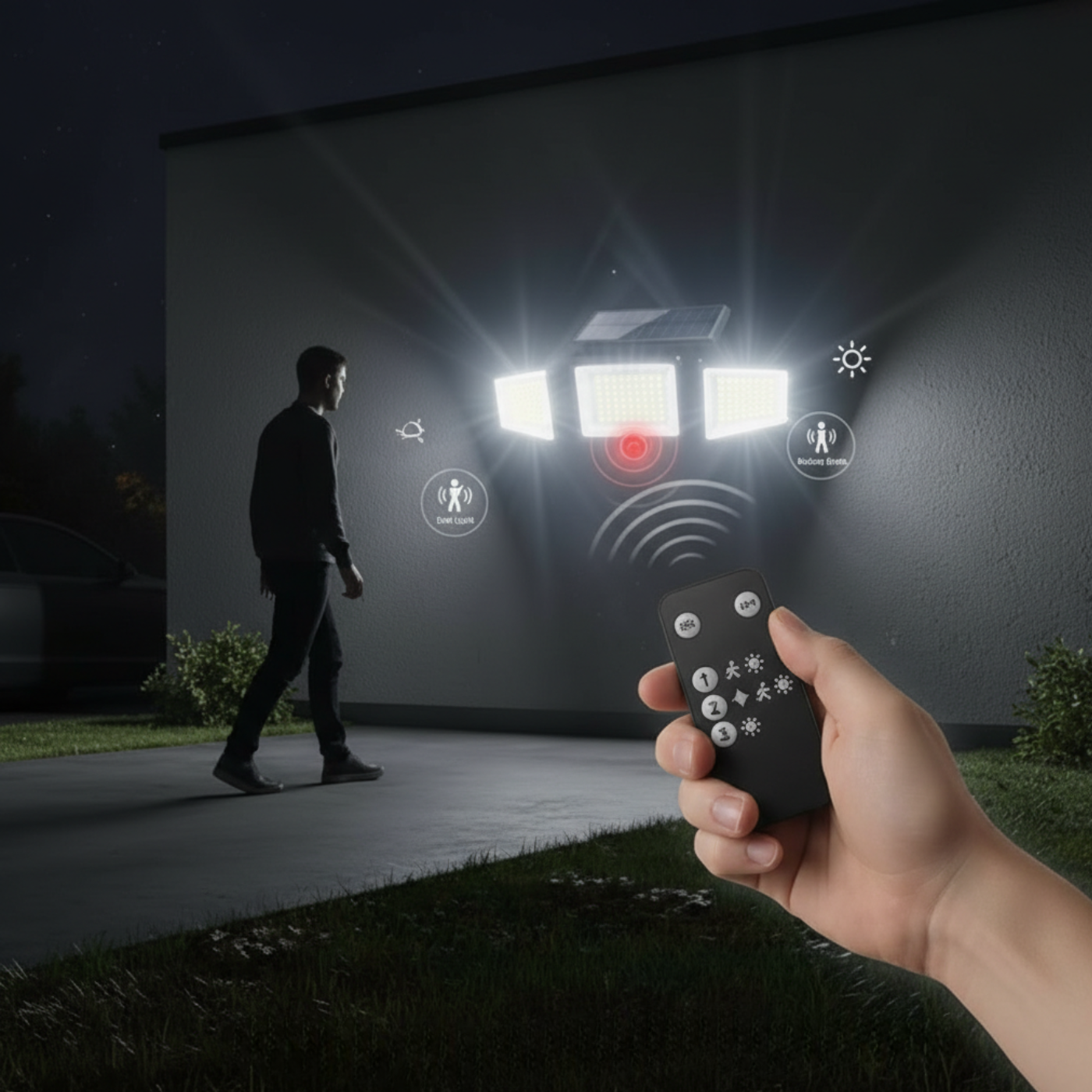 210 LED Solar Motion Sensor Outdoor Security Light With Remote Control And 3 Heads