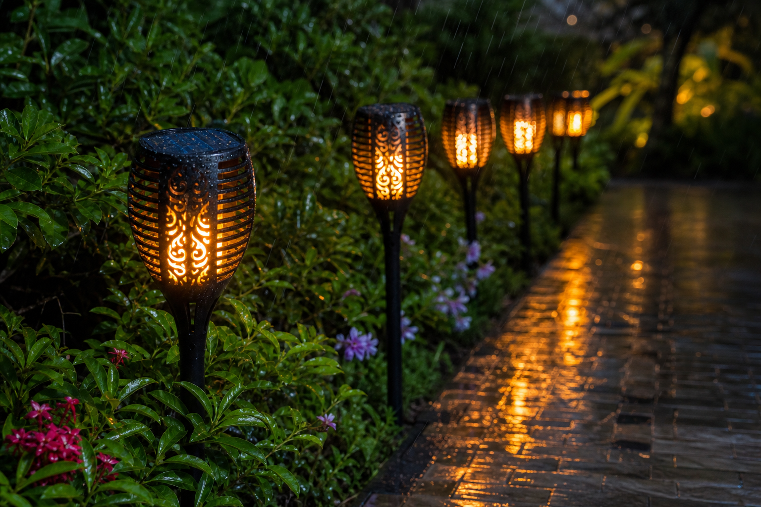 Waterproof solar LED flame-effect torches lining a garden path in light rain