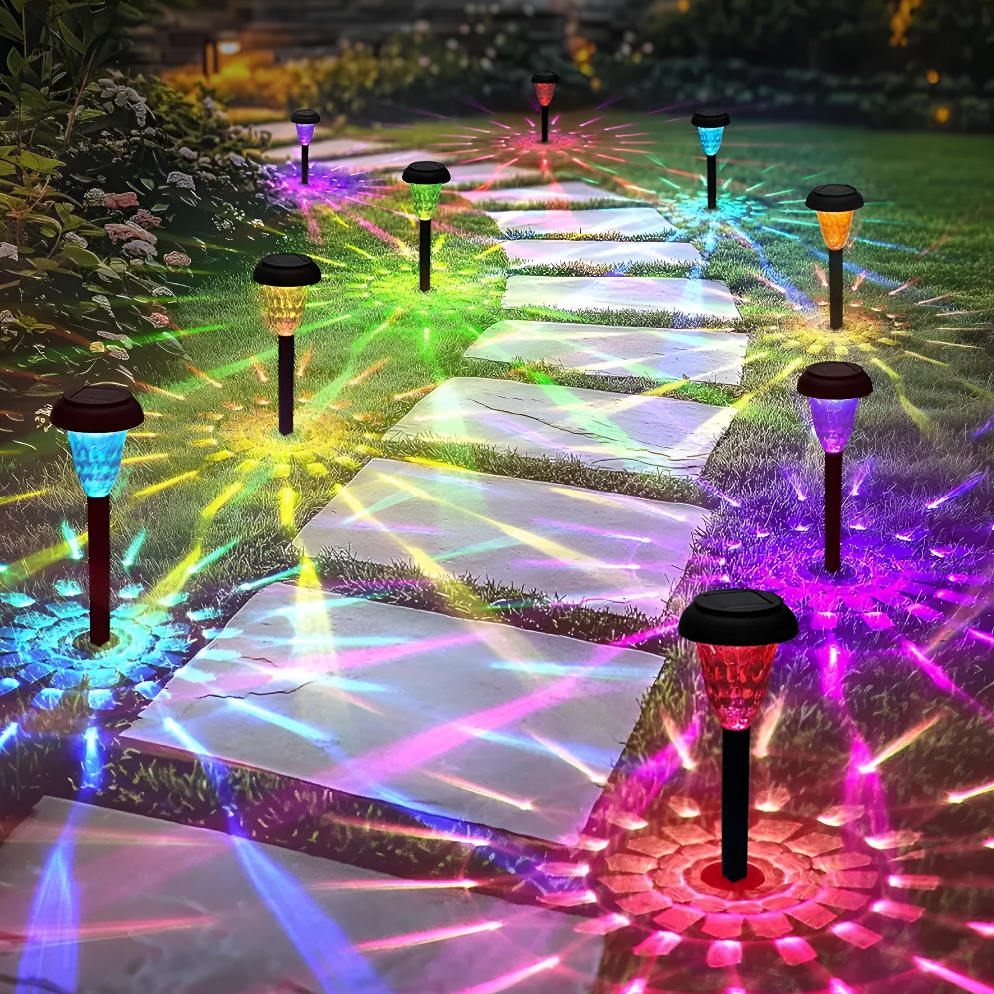 Solar Lights Outdoor Weatherproof, RGB + Warm White LED, Solar Powered Pathway Lights for Yard