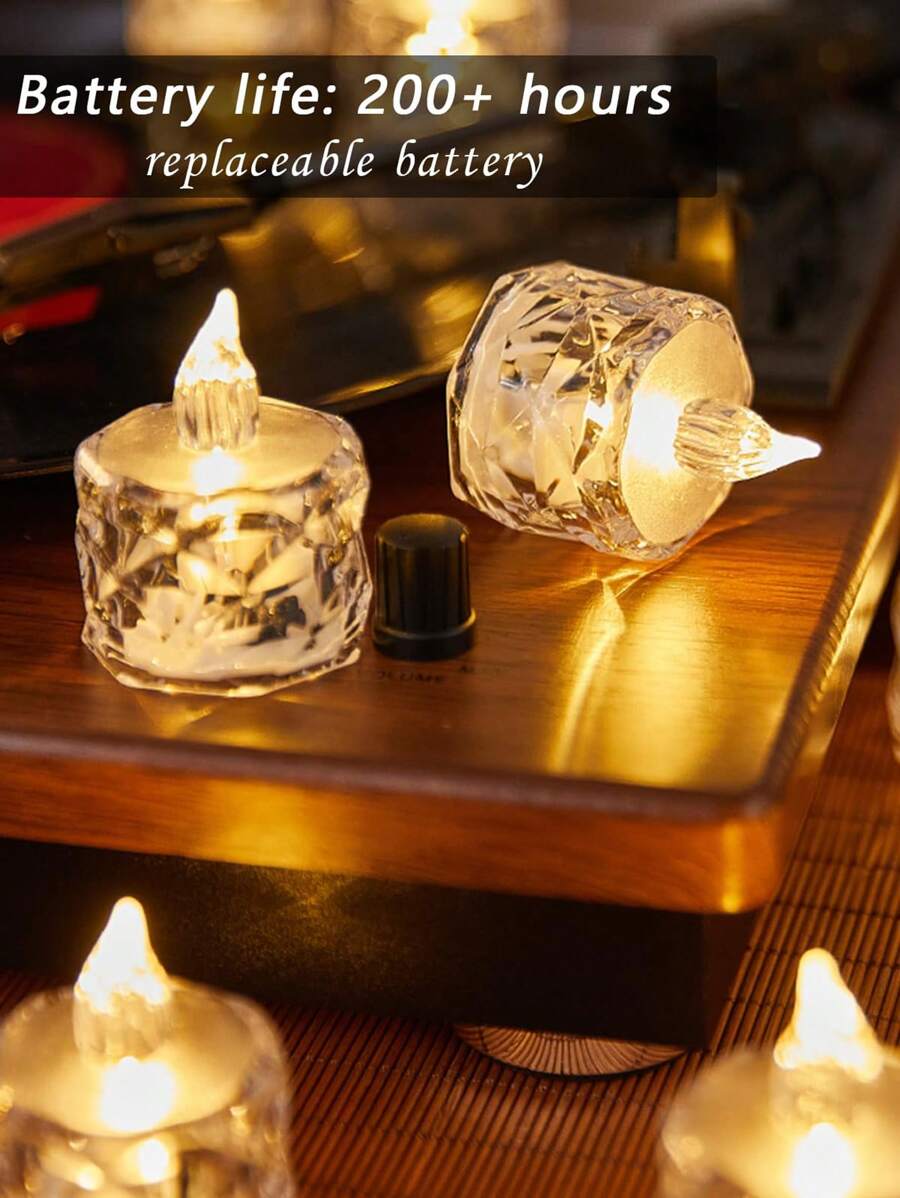 24/12/1pc Flameless LED Tea Light Candles, Battery Operated, Suitable For Yoga/Home/Wedding Decor, Holiday Gifts And Romantic Atmosphere Decoration, Crystal Decor Plastic Candles, Indoor Decor, Perfect For Christmas, Party, Outdoor, Dining Table, Halloween, Anniversary, Holiday And Proposal, Restaurant, Camping, Autumn Decor, Harvest Festival Decor, Room Decor, Bedroom Decor (Warm White Light, Battery Included) (1.5 Inches X 1.9 Inches) - Multicolor - View 5