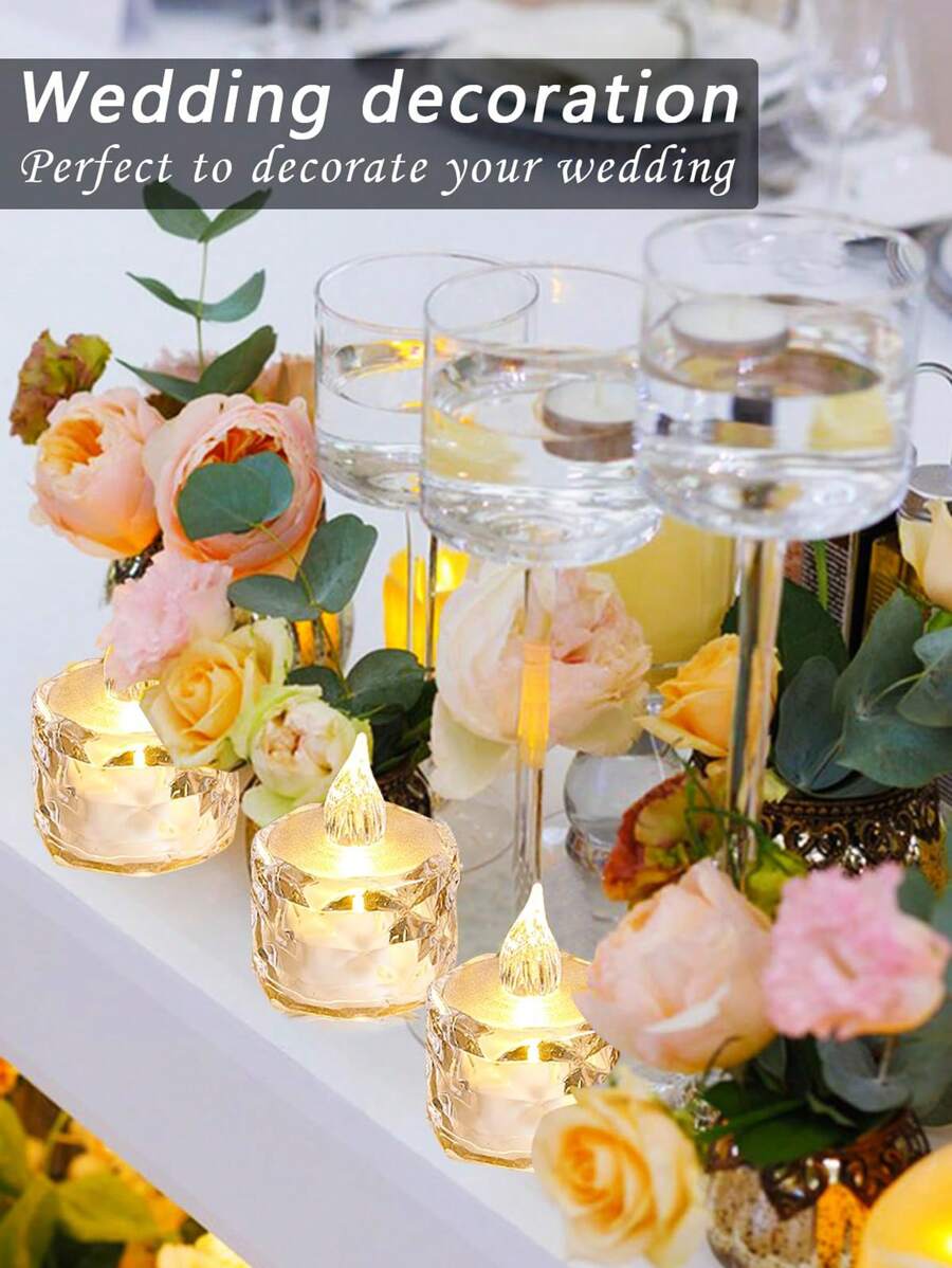 24/12/1pc Flameless LED Tea Light Candles, Battery Operated, Suitable For Yoga/Home/Wedding Decor, Holiday Gifts And Romantic Atmosphere Decoration, Crystal Decor Plastic Candles, Indoor Decor, Perfect For Christmas, Party, Outdoor, Dining Table, Halloween, Anniversary, Holiday And Proposal, Restaurant, Camping, Autumn Decor, Harvest Festival Decor, Room Decor, Bedroom Decor (Warm White Light, Battery Included) (1.5 Inches X 1.9 Inches) - Multicolor - View 4