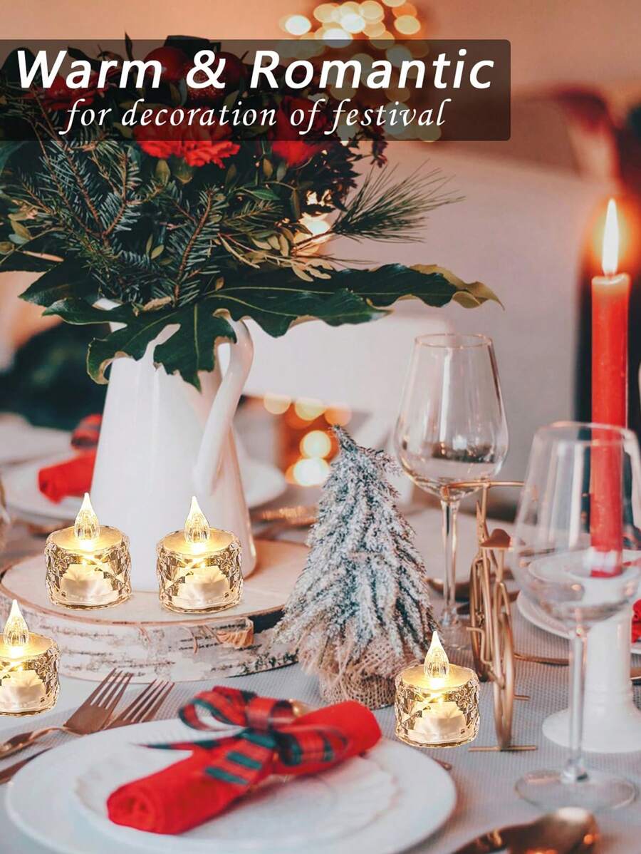 24/12/1pc Flameless LED Tea Light Candles, Battery Operated, Suitable For Yoga/Home/Wedding Decor, Holiday Gifts And Romantic Atmosphere Decoration, Crystal Decor Plastic Candles, Indoor Decor, Perfect For Christmas, Party, Outdoor, Dining Table, Halloween, Anniversary, Holiday And Proposal, Restaurant, Camping, Autumn Decor, Harvest Festival Decor, Room Decor, Bedroom Decor (Warm White Light, Battery Included) (1.5 Inches X 1.9 Inches) - Multicolor - View 3