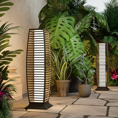 Outdoor Solar Powered Floor Lamp with Wicker Lantern Design for Garden and Porch Decor