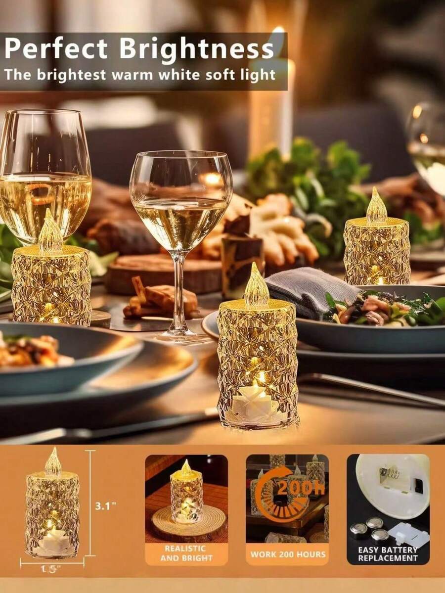 12/6/1pc-Flameless LED Tea Light Candles, Battery Operated, Suitable For Yoga/Home/Wedding Decoration, Holiday Gifts And Romantic Atmosphere Decoration, Crystal Decorative Plastic Candles, Indoor Decoration, Perfect For Christmas, Party, Outdoor, Dining Table, Halloween, Anniversary, Holiday And Proposal, Restaurant, Camping, Autumn Decoration, Harvest Festival Decoration, Room Decoration, Bedroom Decoration (Warm White Light, Battery Included) (1.5 Inches X 1.9 Inches) - Warm Color - View 7