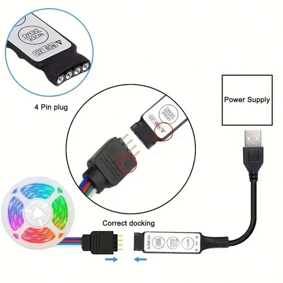RGB 5050 LED Strip Lights Set - USB Powered, Flexible Tape For TV Background, Game Room Decor - 3 Key Control - Multicolor - View 7