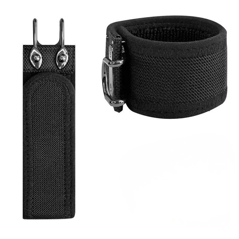 Elastic stretch belt and separate hook closure piece shown flat on white background — black nylon webbing and metal hook hardware visible