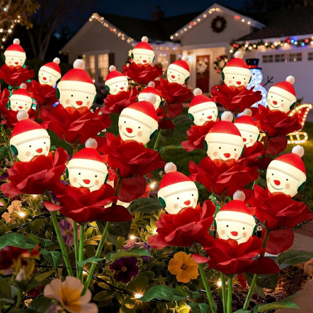 Christmas Rose Solar Garden Light with Snowman Outdoor Holiday Decor