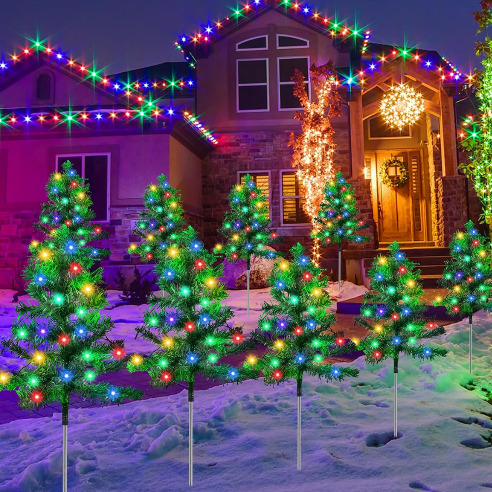 Set Of 6 Solar Christmas Tree Pathway Stake Light