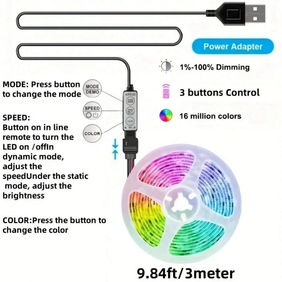RGB 5050 LED Strip Lights Set - USB Powered, Flexible Tape For TV Background, Game Room Decor - 3 Key Control - Multicolor - View 8