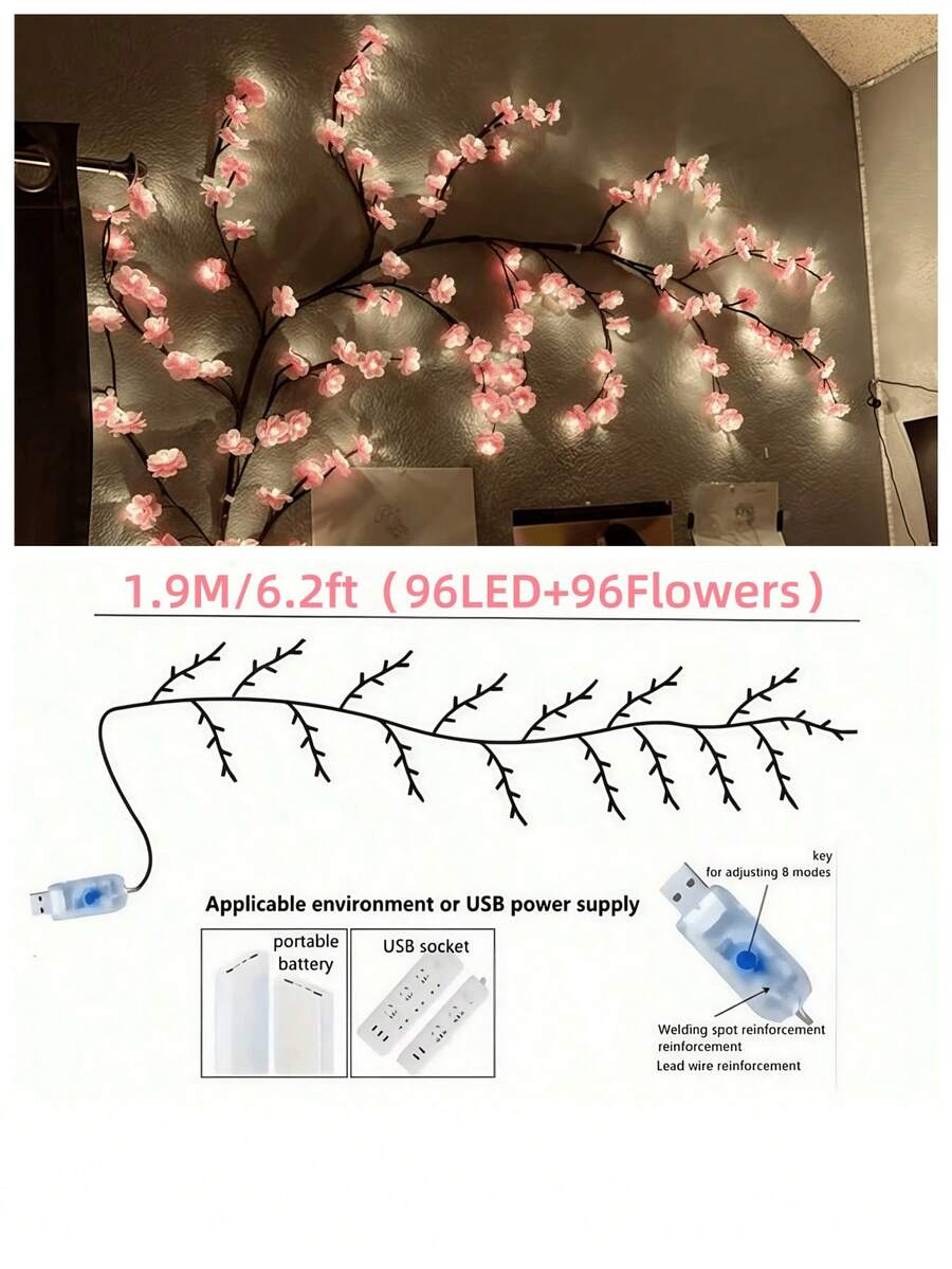 1Pc Cherry Blossom Branch LED Light, USB Powered 8 Flashing Modes, Soft & Bendable, Suitable For Indoor And Outdoor,Living Room,Bedroom,Wall,Wedding Decoration,Party Atmosphere Lights, Valentine's Day,Birthday And Graduation Gifts - Multicolor - View 12