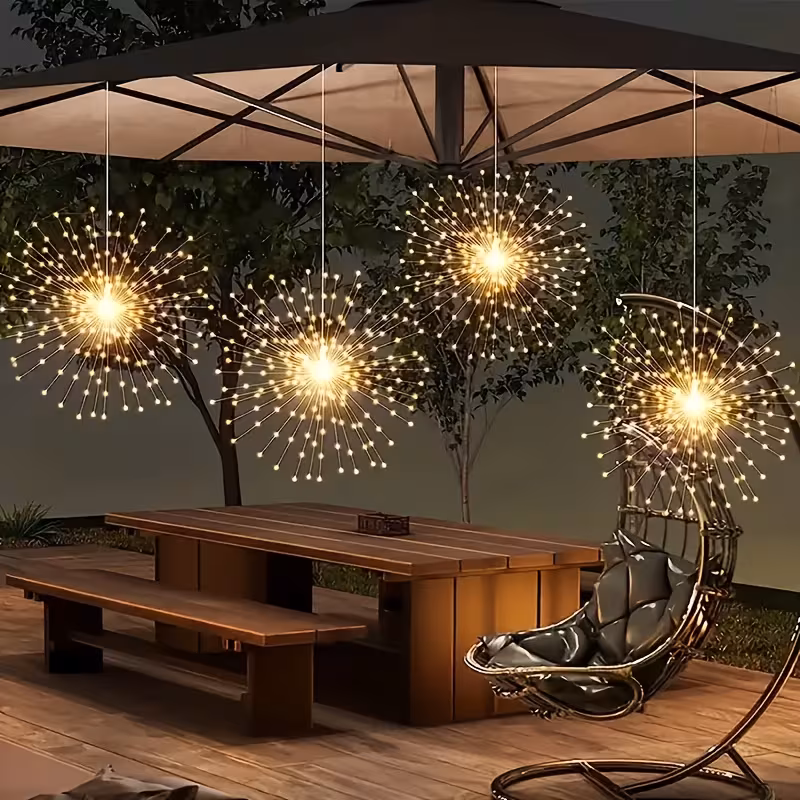 4 5pcs hanging solar powered outdoor firework lights 240 360 450 led sparkling starburst sphere lights waterproof ip65 warm white multicolor copper wire fairy lights for patio umbrella eave garden tree tent decoration Product details 0