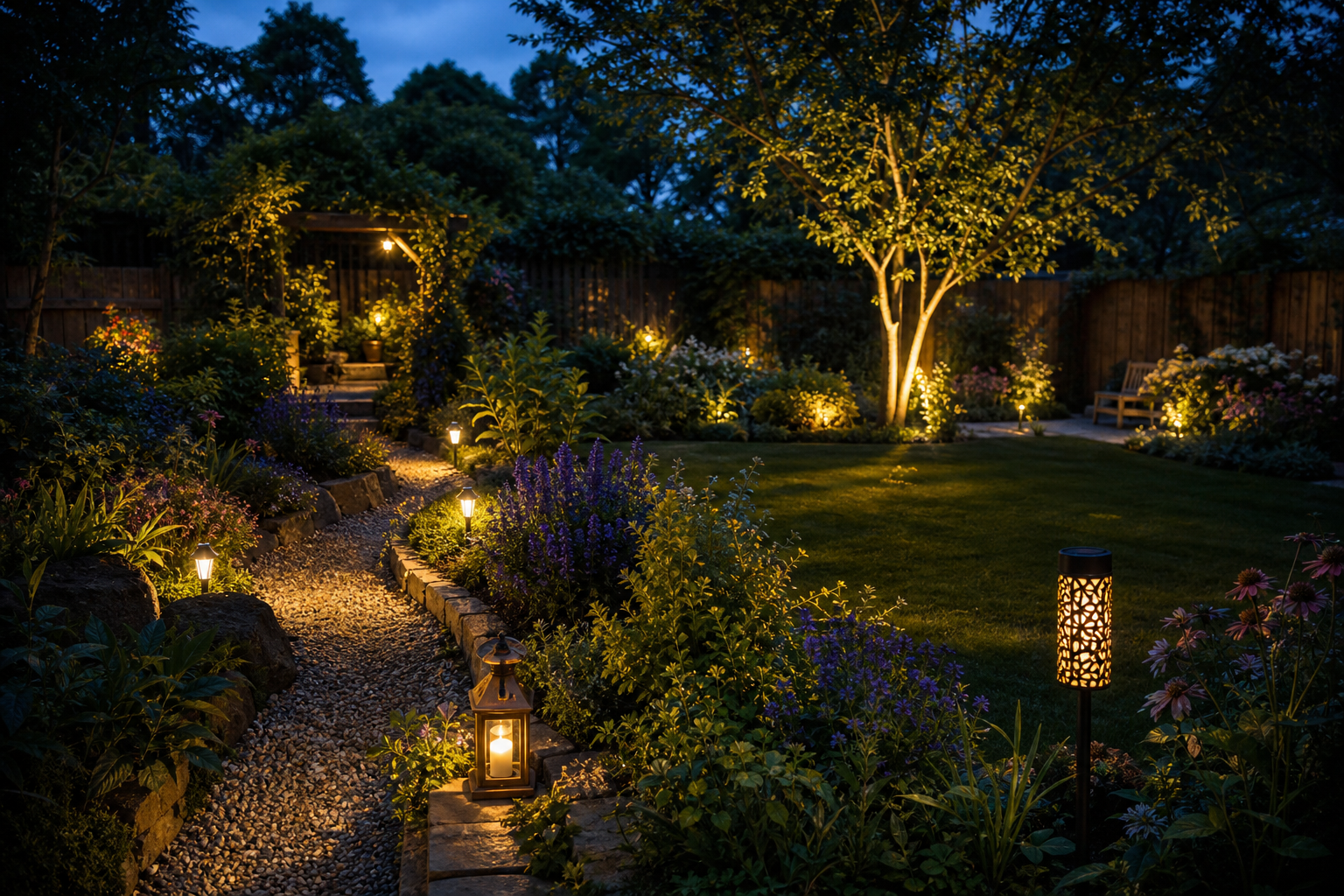 Layered solar path, accent, lantern and tree lighting in a garden
