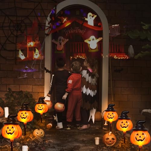 Pack Of 6 Solar Jack O Lantern Stake String Lights For Halloween Pathway Decor  