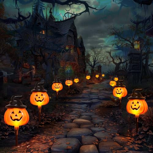 Pack Of 6 Solar Jack O Lantern Stake String Lights For Halloween Pathway Decor  