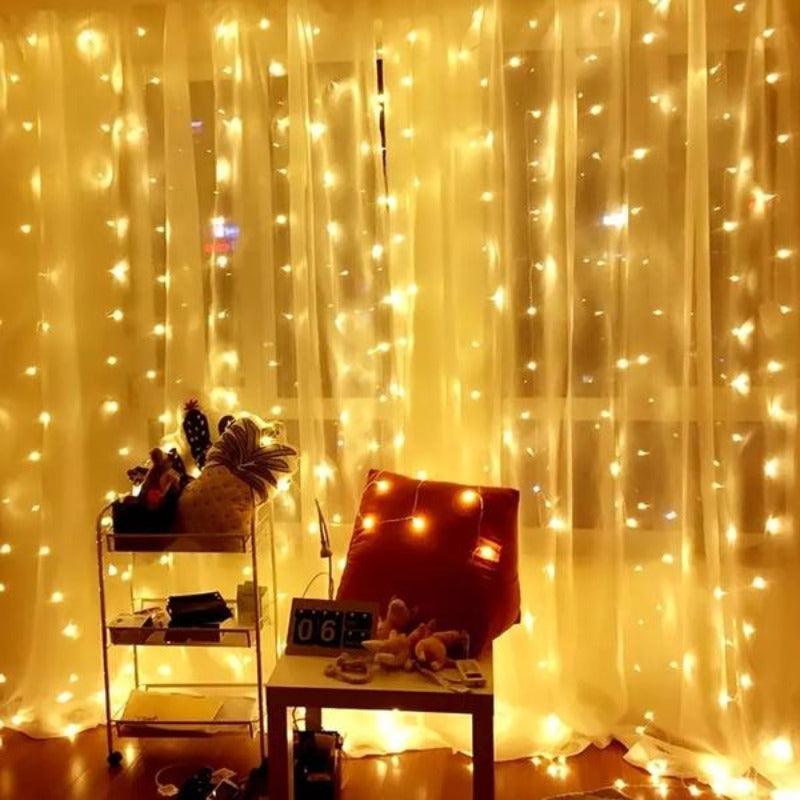 10ft 300 Warm White Water-Resistant Curtain Lights - Solar Flame Torch