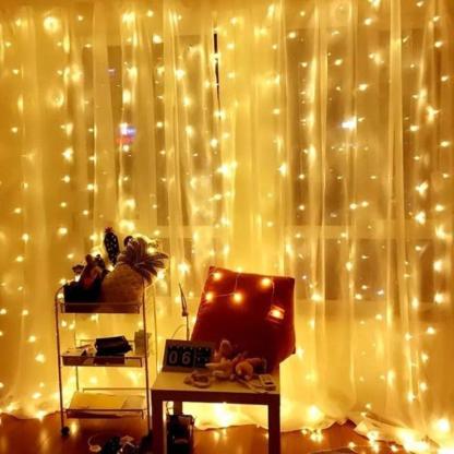 10ft 300 Warm White Water-Resistant Curtain Lights - Solar Flame Torch