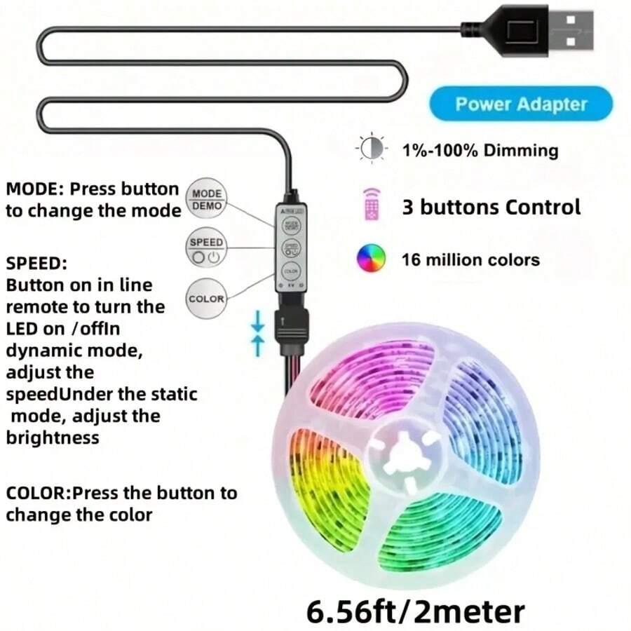 RGB 5050 LED Strip Lights Set - USB Powered, Flexible Tape For TV Background, Game Room Decor - 3 Key Control - Multicolor - View 11