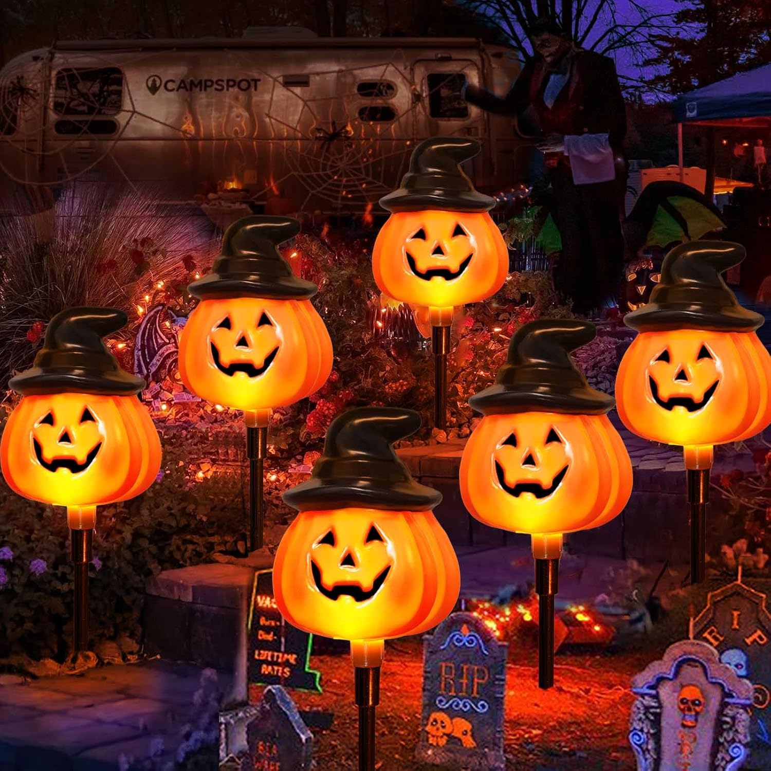 Pack Of 6 Solar Jack O Lantern Stake String Lights For Halloween Pathway Decor  