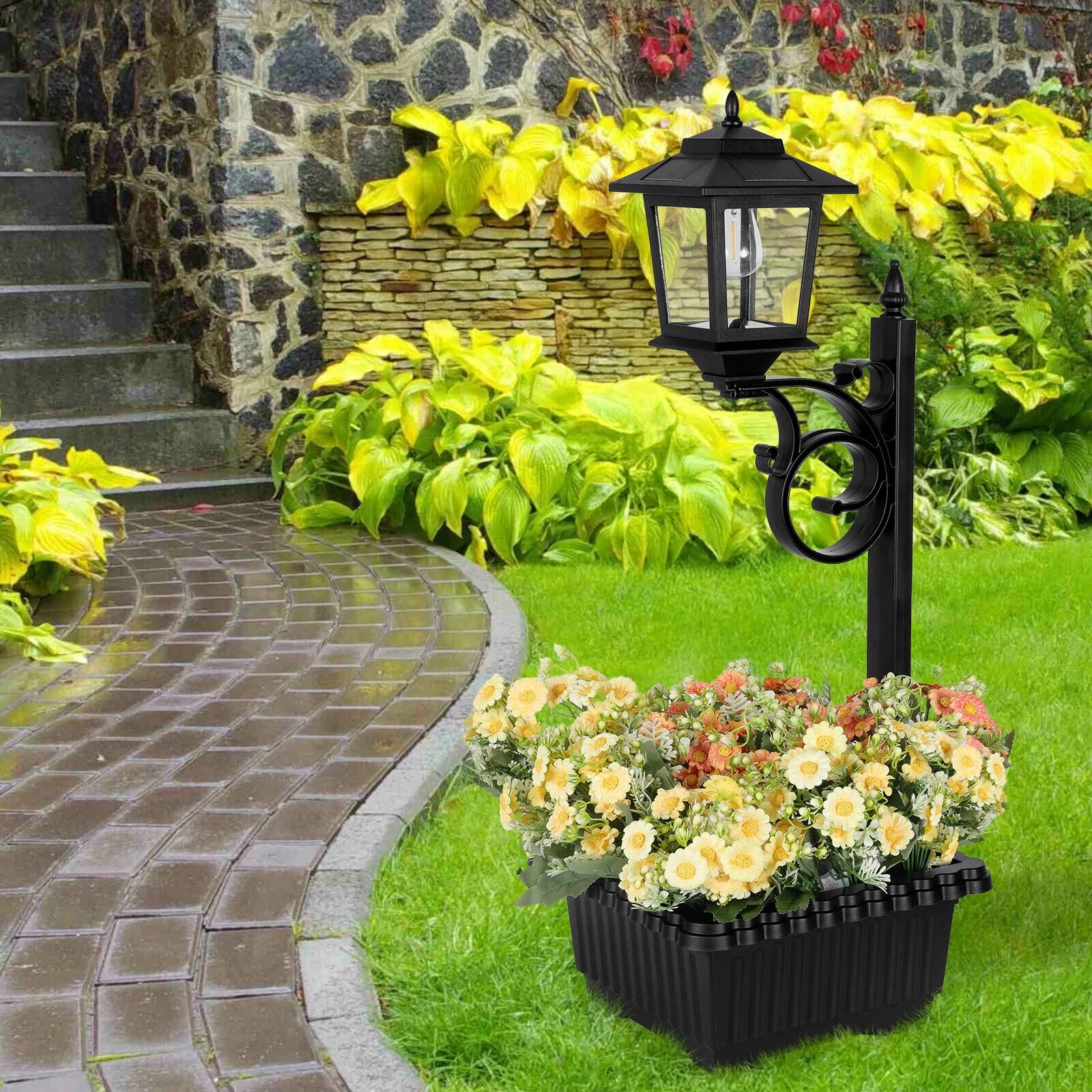 Solar Garden Post Light With Planter Waterproof Outdoor Decor