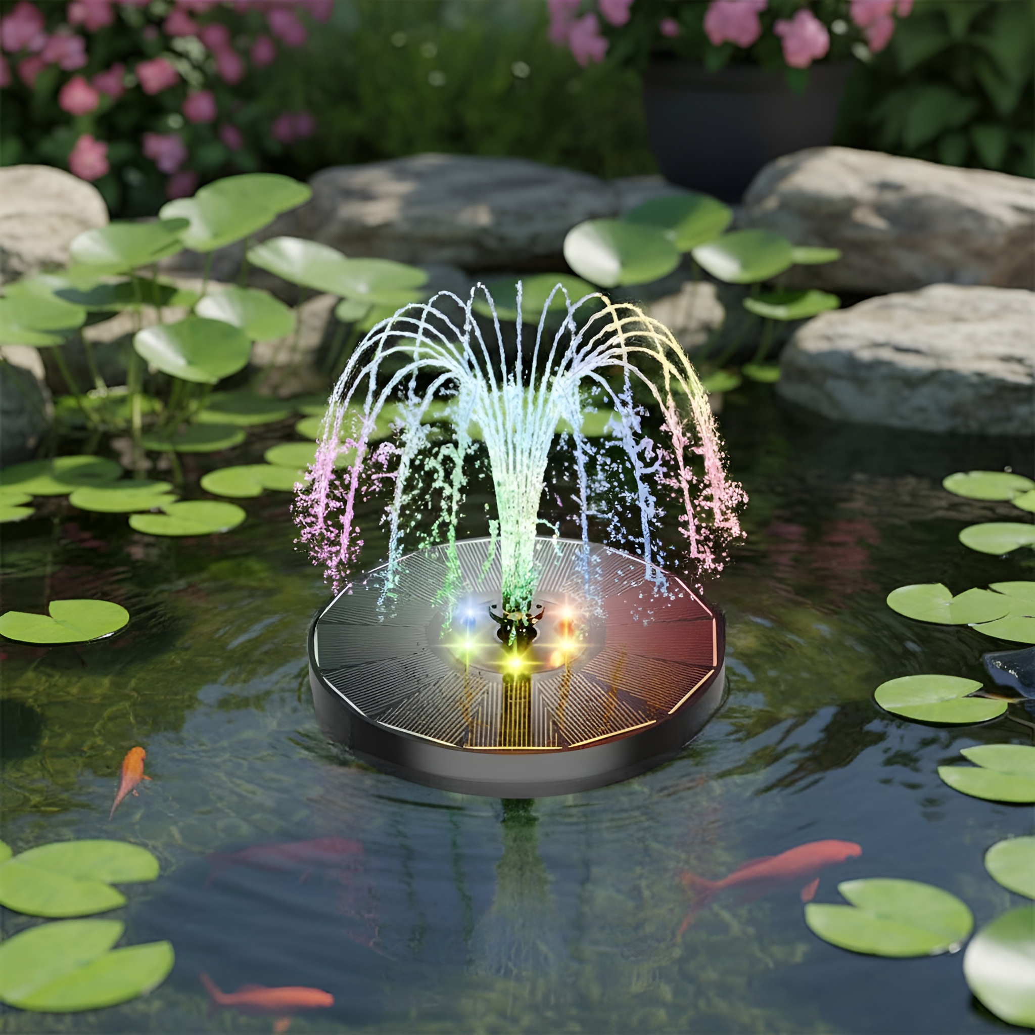 Aurora Solar Water Fountain With LED Lights 7 Nozzles Garden Pond Kit