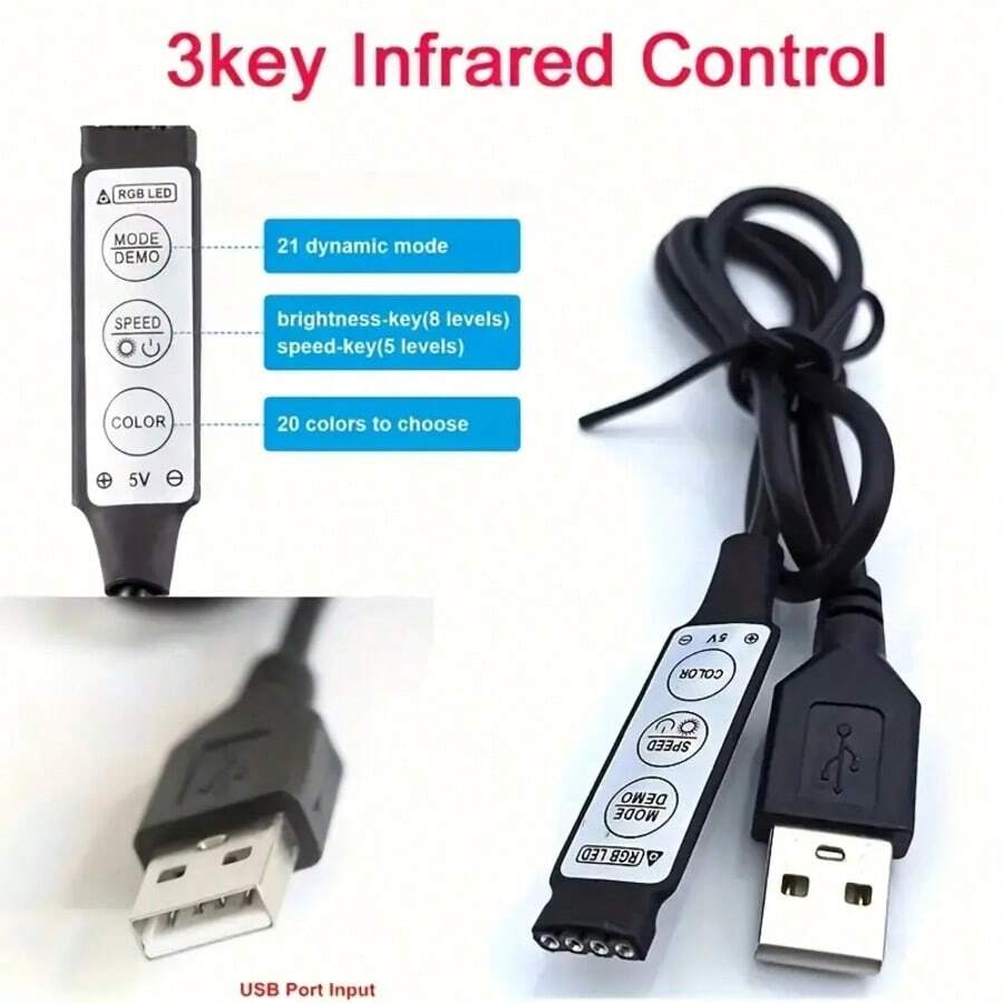 RGB 5050 LED Strip Lights Set - USB Powered, Flexible Tape For TV Background, Game Room Decor - 3 Key Control - Multicolor - View 6