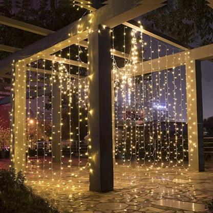 10ft 300 Warm White Water-Resistant Curtain Lights - Solar Flame Torch