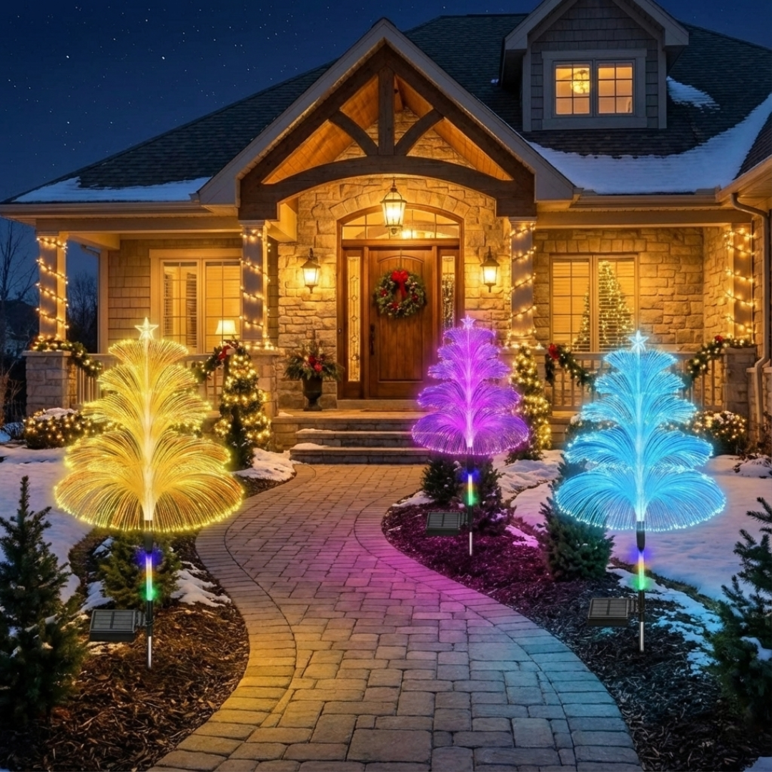 Pack Of 3 Solar RGB Fiber Optic Christmas Tree Jellyfish Outdoor Lights