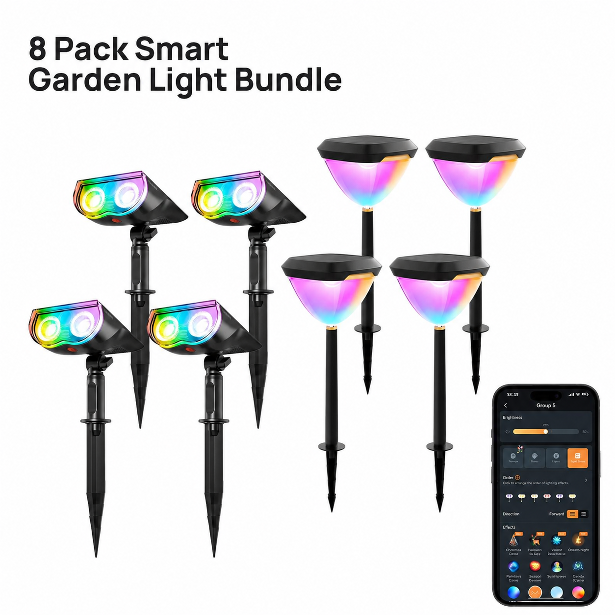 Pack Of 8 Smart Solar Landscape Halloween Themed RGB Spotlights And Pathlights With App Control And Color Modes