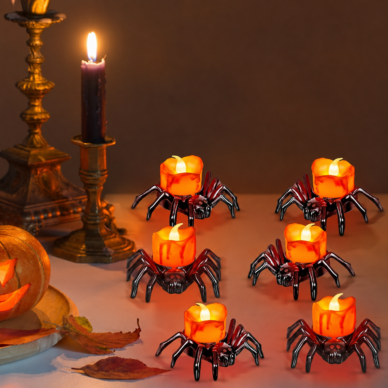 Halloween Spider LED Tea Lights Set With Battery Operated Flickering Flame